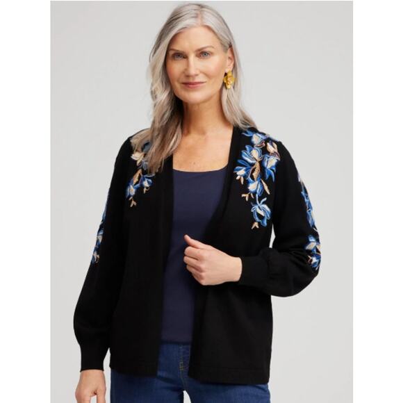Chico's Floral Embroidered Cardigan Sweater Black Blue Open Front Size 0 Small - Picture 1 of 7